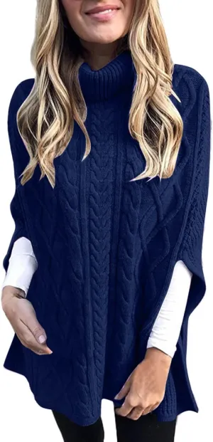 Womens 2023 Cable Knit Turtleneck Poncho Sweater Elegant Chunky Loose Cape Wrap Sweaters Pullover Chic Jumper Tops