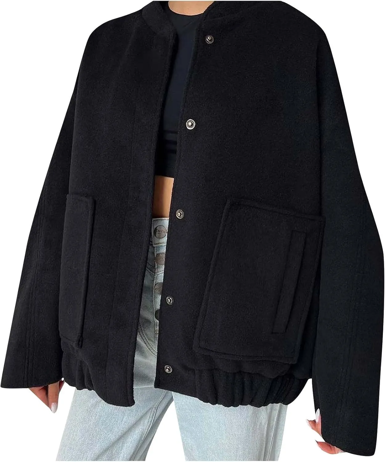 Women's 2023 Fall Oversized Long Sleeve Stand Collar Jackets Classic Button Down Wool Blend Solid Coats with Pockets