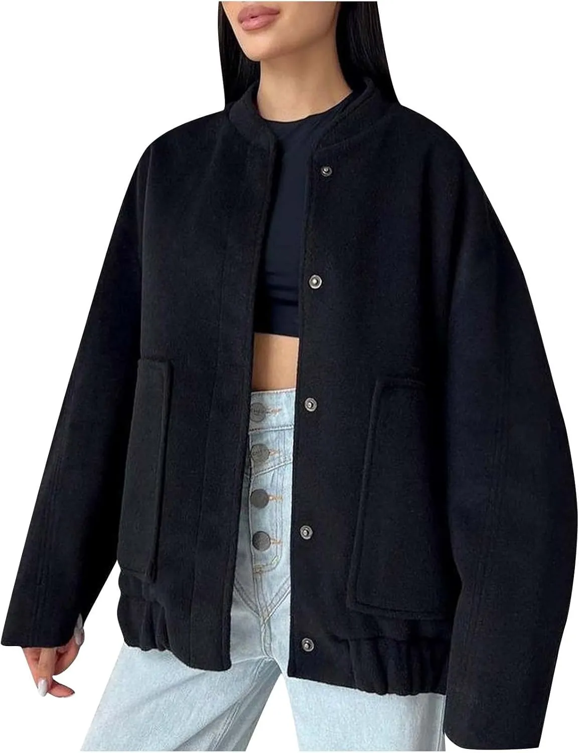 Women's 2023 Fall Oversized Long Sleeve Stand Collar Jackets Classic Button Down Wool Blend Solid Coats with Pockets