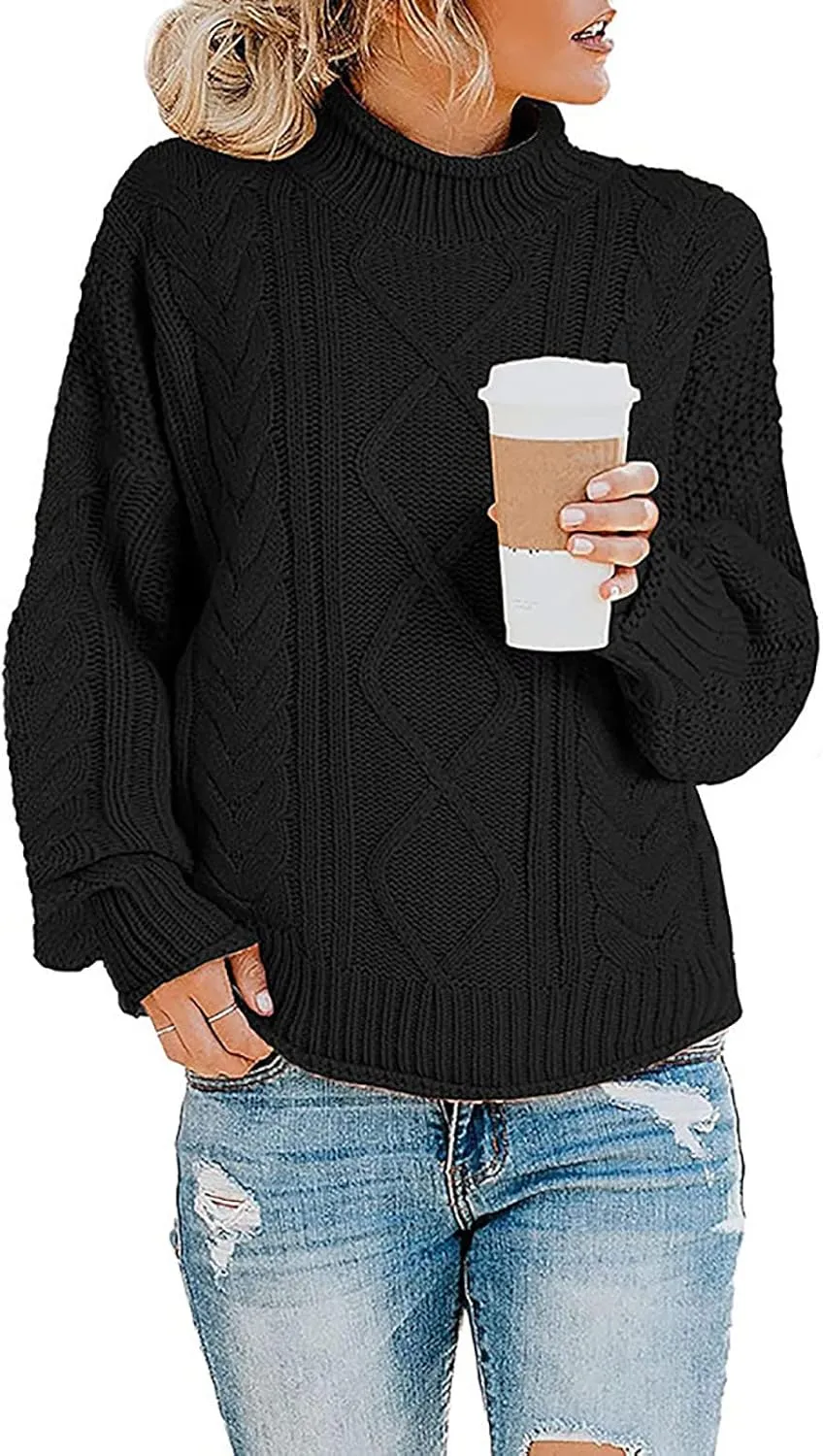 Womens 2023 Trendy Fall Turtleneck Sweaters Oversized Chunky Knitted Sweaters Batwing Long Sleeve Pullover Tops