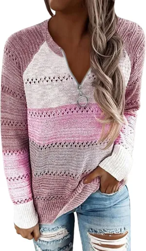 Women's 2023 Winter Pullover Sweater with Half Open Zipper Knit Pullover Top Stripe Jacket Loose Long Sleeve Tops