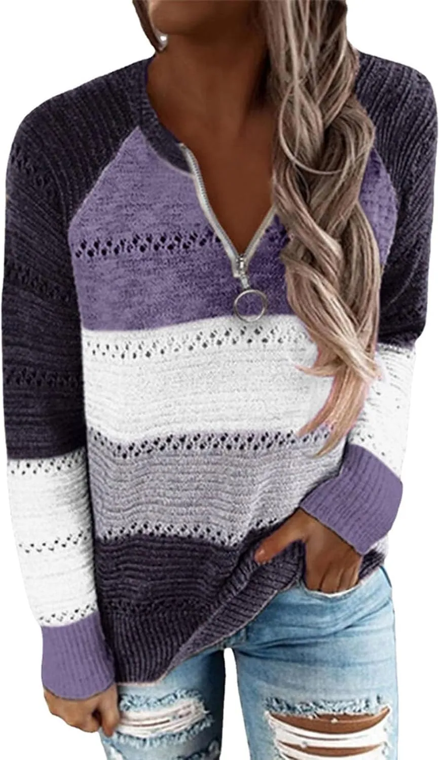 Women's 2023 Winter Pullover Sweater with Half Open Zipper Knit Pullover Top Stripe Jacket Loose Long Sleeve Tops
