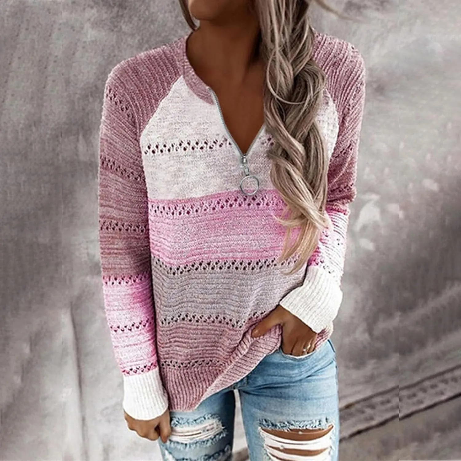 Women's 2023 Winter Pullover Sweater with Half Open Zipper Knit Pullover Top Stripe Jacket Loose Long Sleeve Tops