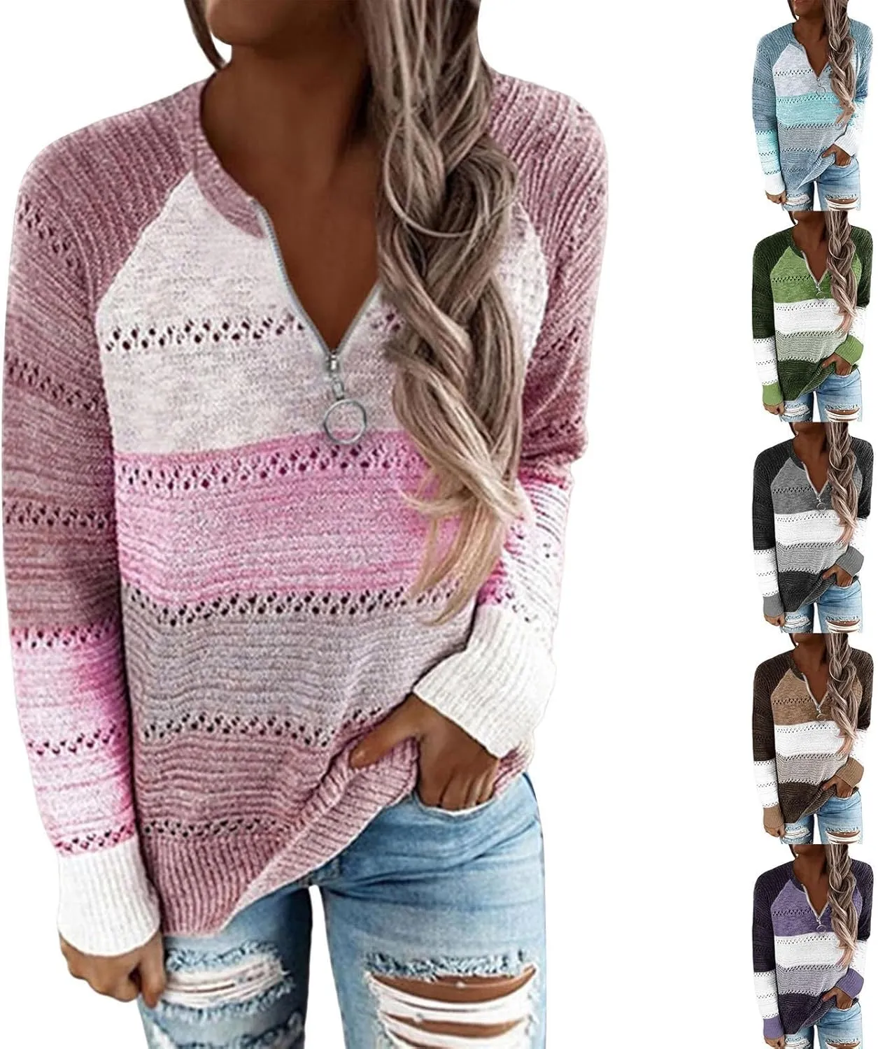 Women's 2023 Winter Pullover Sweater with Half Open Zipper Knit Pullover Top Stripe Jacket Loose Long Sleeve Tops