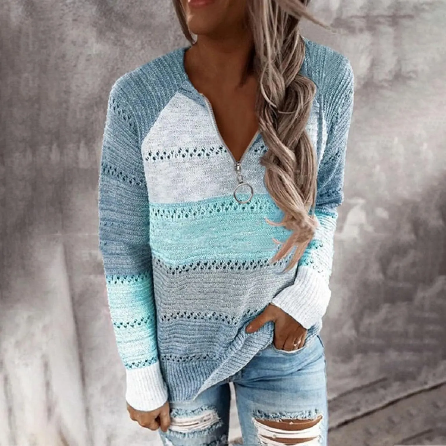 Women's 2023 Winter Pullover Sweater with Half Open Zipper Knit Pullover Top Stripe Jacket Loose Long Sleeve Tops