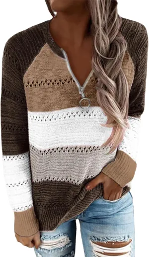 Women's 2023 Winter Pullover Sweater with Half Open Zipper Knit Pullover Top Stripe Jacket Loose Long Sleeve Tops