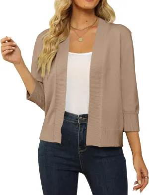 Women's 3/4 Sleeve Cropped Cardigan Sweater Open Front Short Shrugs Cardigans Lightweight Sweaters