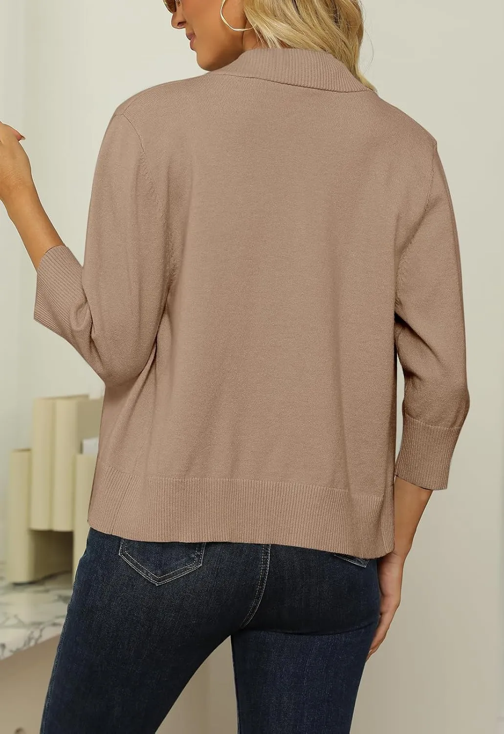 Women's 3/4 Sleeve Cropped Cardigan Sweater Open Front Short Shrugs Cardigans Lightweight Sweaters