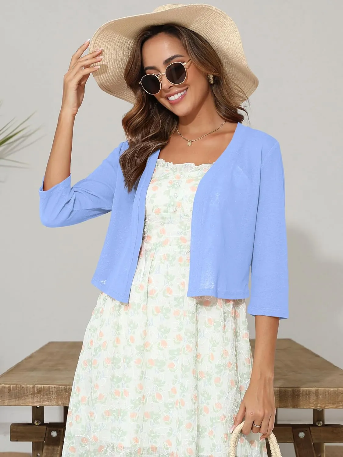 Women's 3/4 Sleeve Thin Shrugs Lightweight Open Front Cropped Sheer Cardigans for Summer