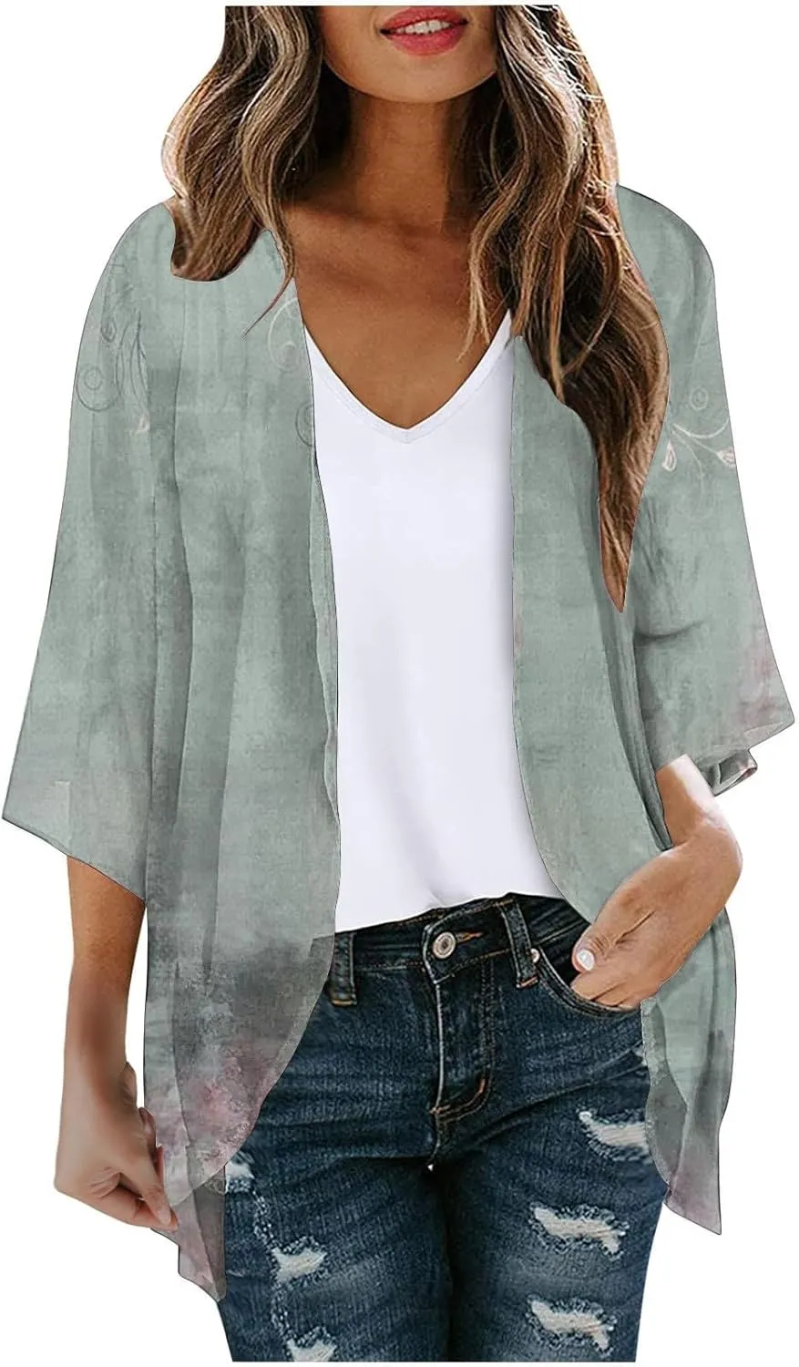 Women's Beach Kimono Coverup Women's Floral Print Kimono Cardigan Puff Sleeve Chiffon Cover Up Casual Blouse