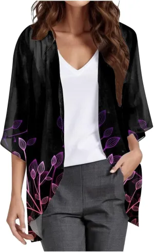 Women's Beach Kimono Coverup Women's Floral Print Kimono Cardigan Puff Sleeve Chiffon Cover Up Casual Blouse