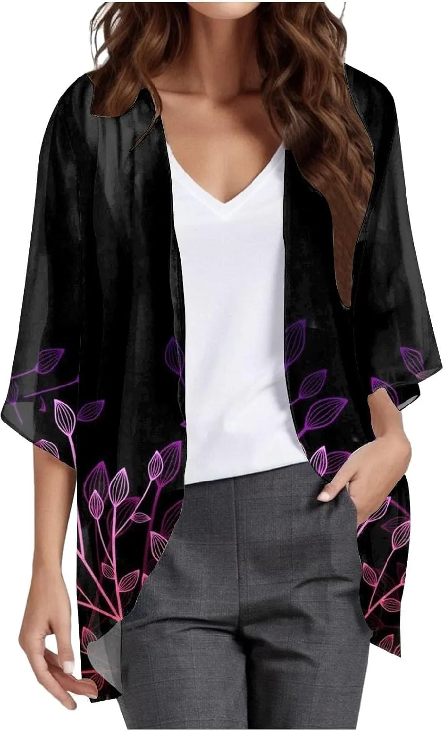 Women's Beach Kimono Coverup Women's Floral Print Kimono Cardigan Puff Sleeve Chiffon Cover Up Casual Blouse