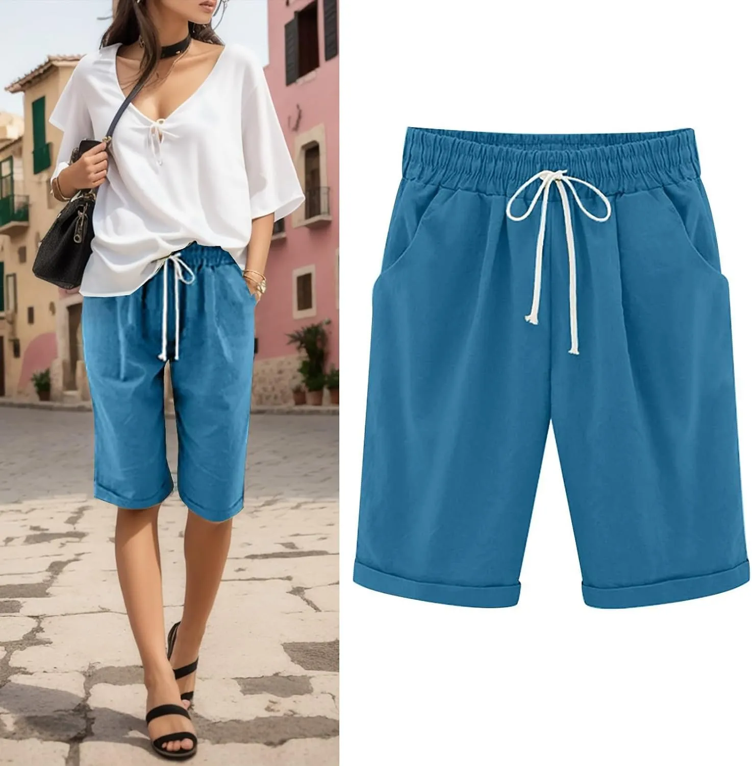 Womens Bermuda Shorts for Summer Dressy Long Cotton Casual Summer Knee Length Pull On Lounge Walking Exercise Shorts