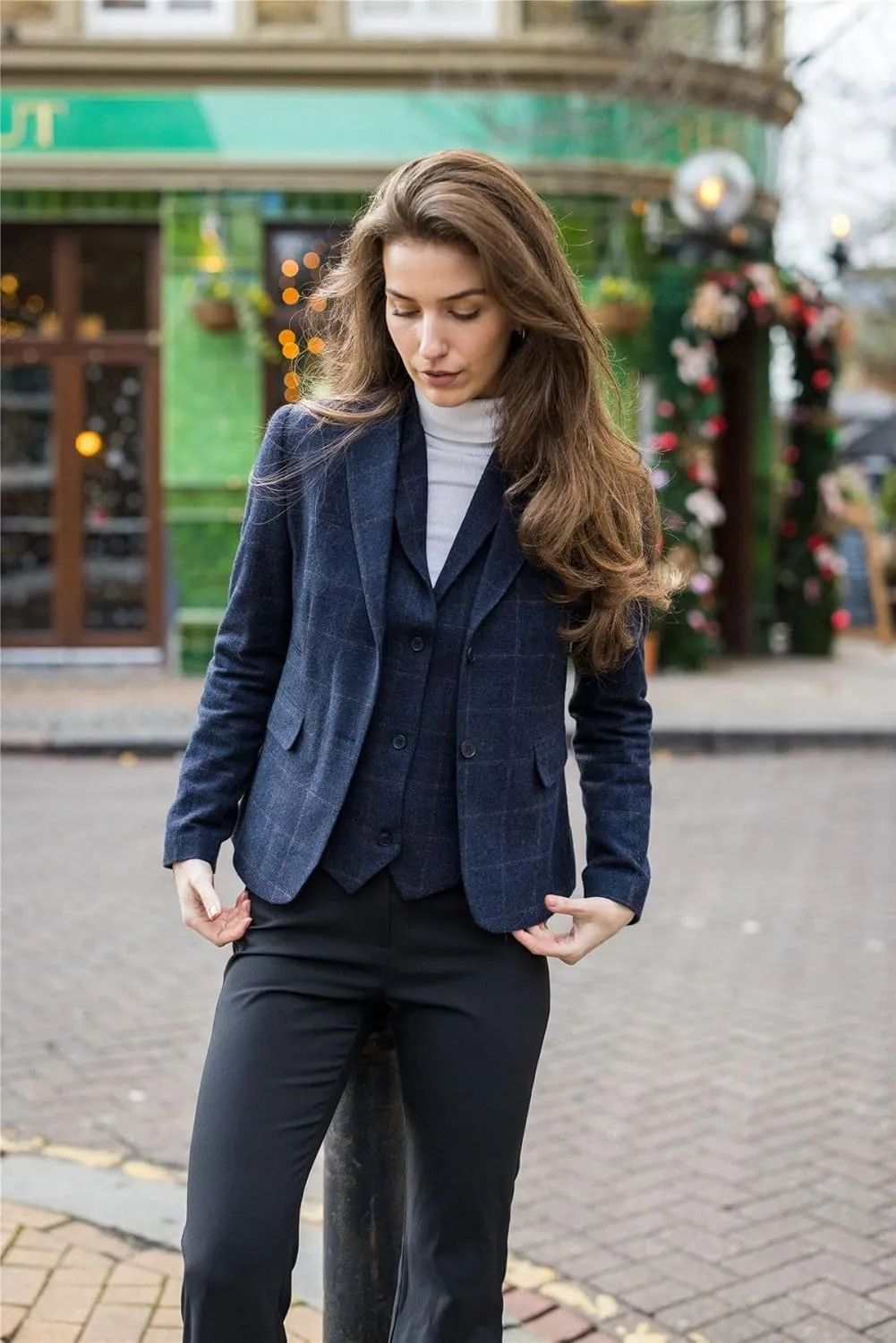 Women's Blazer Wool Blend Tweed Herringbone Checkered Tailored Fit Ladies Country Jacket