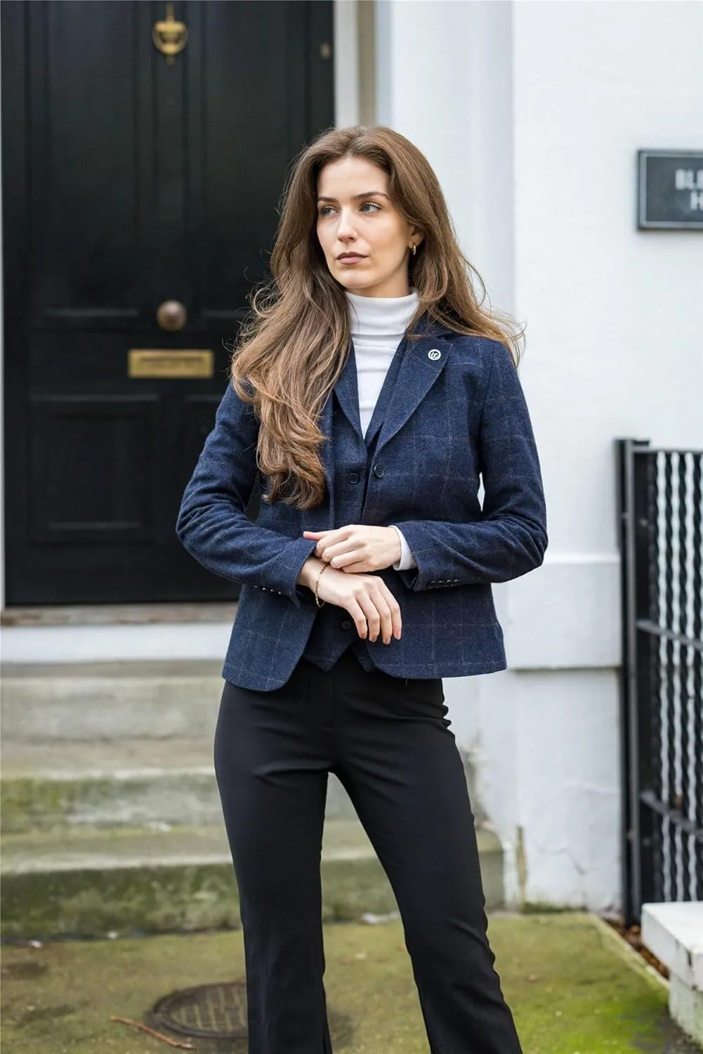 Women's Blazer Wool Blend Tweed Herringbone Checkered Tailored Fit Ladies Country Jacket