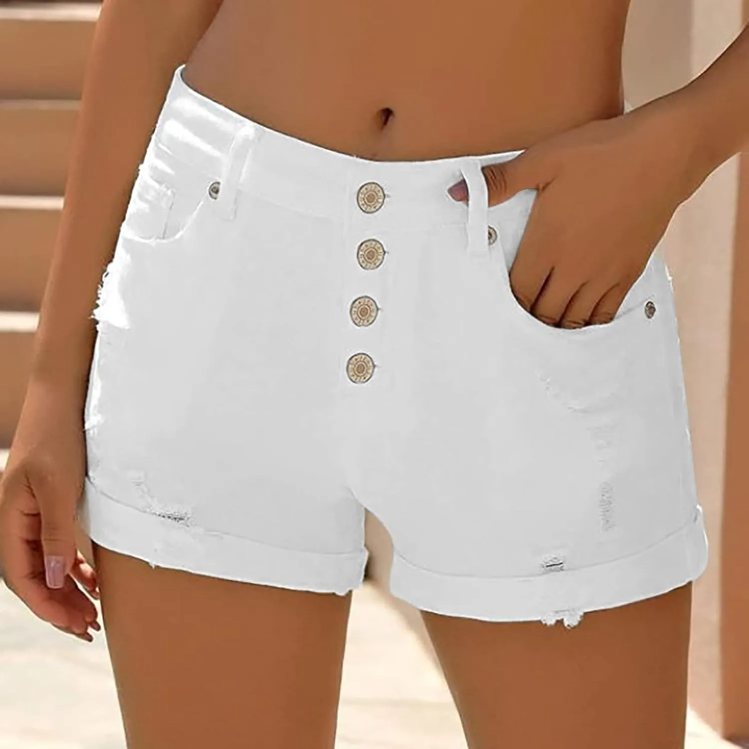 Womens Button Fly Denim Shorts High Waist Ripped Jean Shorts Rolled Hem Stretchy Casual Summer Shorts