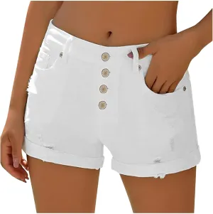 Womens Button Fly Denim Shorts High Waist Ripped Jean Shorts Rolled Hem Stretchy Casual Summer Shorts