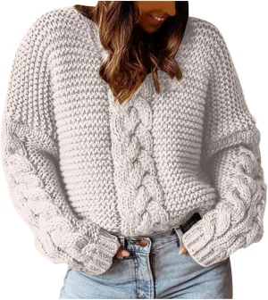 Womens Cable Knit Sweater Long Sleeve Chunky Sweaters Warm Loose Casual Trendy Sweaters