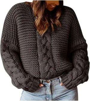 Womens Cable Knit Sweater Long Sleeve Chunky Sweaters Warm Loose Casual Trendy Sweaters