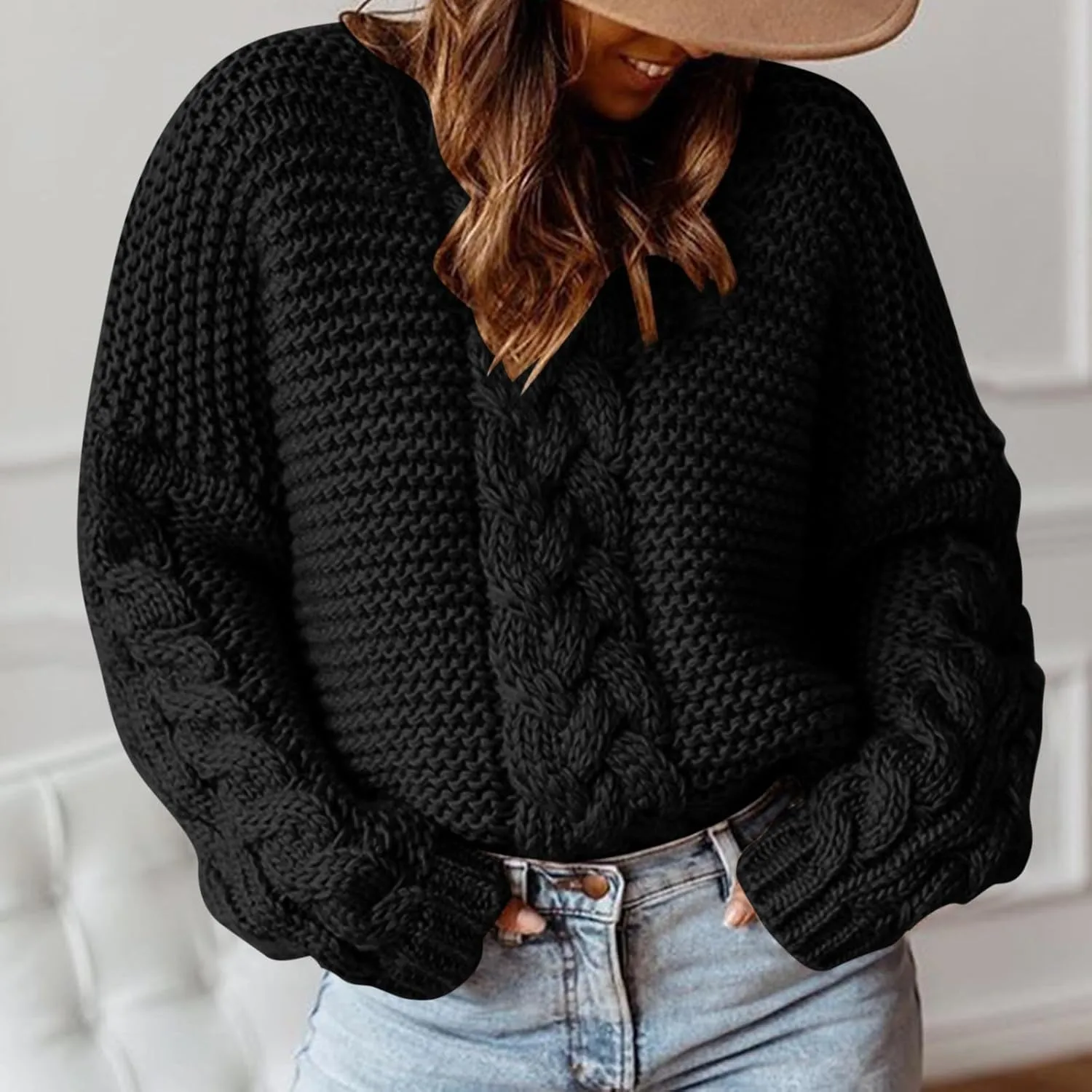 Womens Cable Knit Sweater Long Sleeve Chunky Sweaters Warm Loose Casual Trendy Sweaters