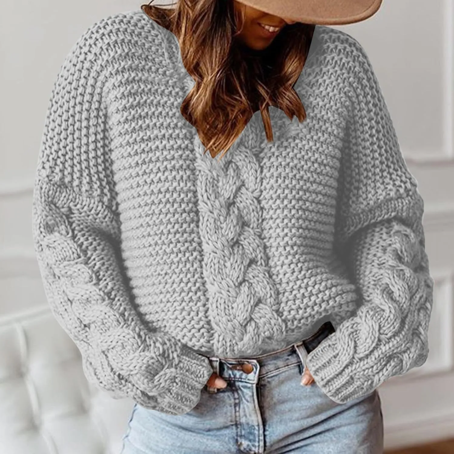 Womens Cable Knit Sweater Long Sleeve Chunky Sweaters Warm Loose Casual Trendy Sweaters