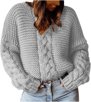 Womens Cable Knit Sweater Long Sleeve Chunky Sweaters Warm Loose Casual Trendy Sweaters