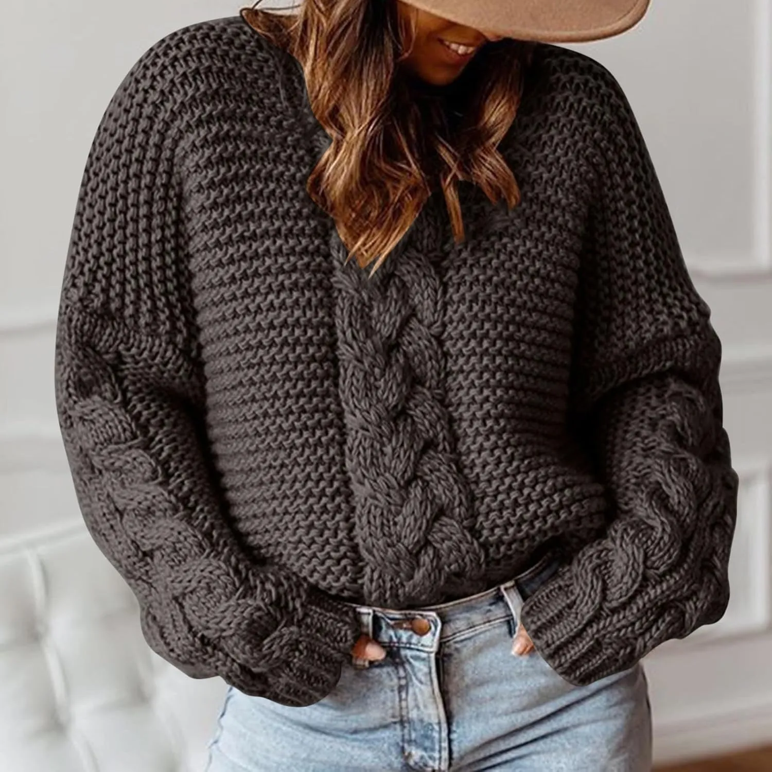 Womens Cable Knit Sweater Long Sleeve Chunky Sweaters Warm Loose Casual Trendy Sweaters