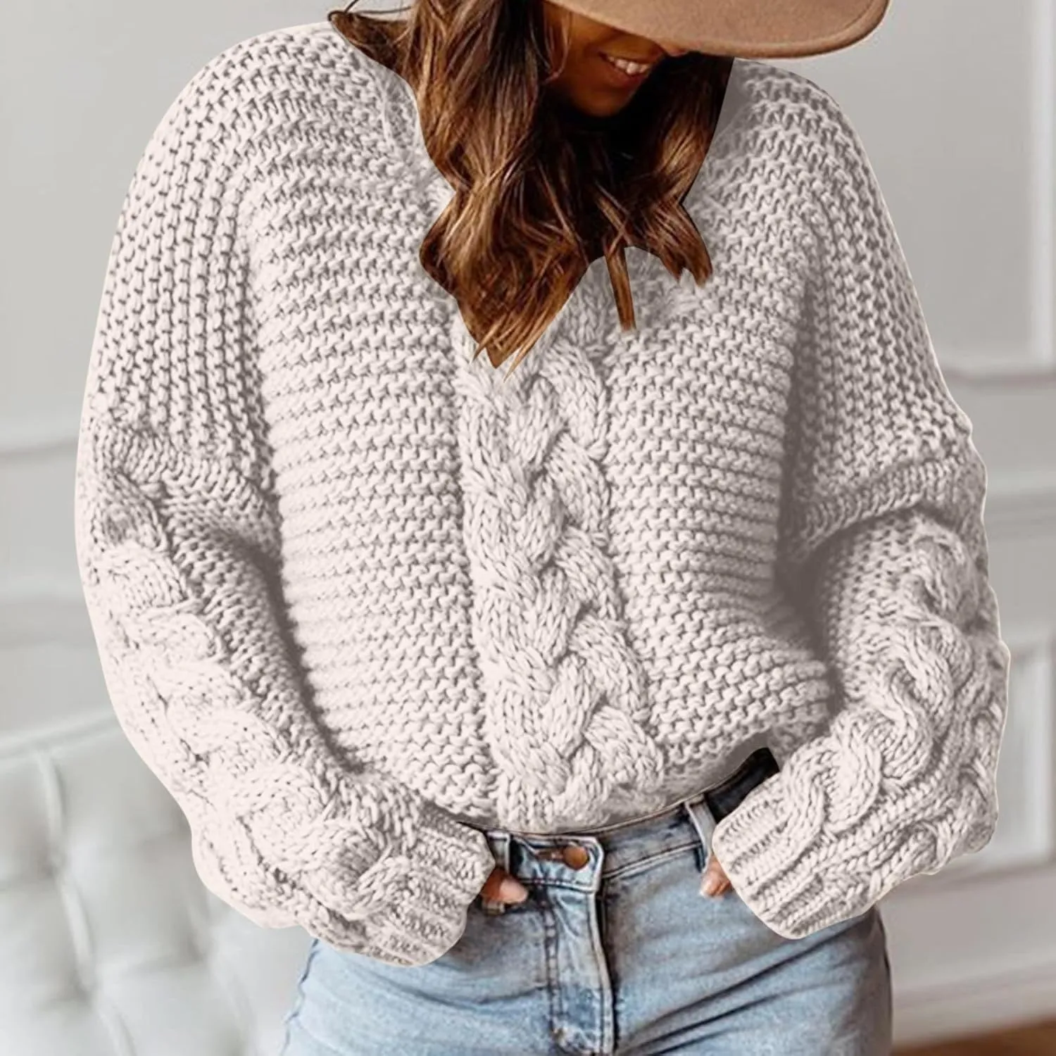 Womens Cable Knit Sweater Long Sleeve Chunky Sweaters Warm Loose Casual Trendy Sweaters