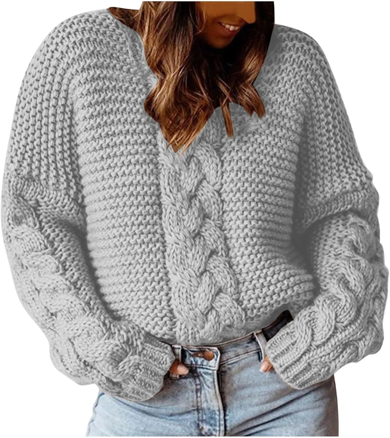 Womens Cable Knit Sweater Long Sleeve Chunky Sweaters Warm Loose Casual Trendy Sweaters