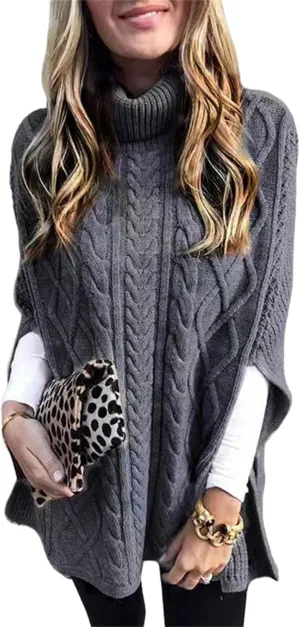 Women's Cable Knit Turtleneck Poncho Sweaters Elegant Chunky Loose Cape Wrap Pullovers Chic Jumper Tops