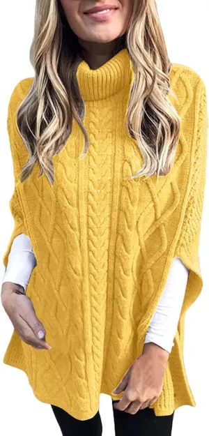 Women's Cable Knit Turtleneck Poncho Sweaters Elegant Chunky Loose Cape Wrap Pullovers Chic Jumper Tops