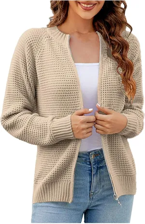 Women's Cable Knit Zipper Sweater Open Front Cardigans Outwear Coat Crewneck Long Sleeve Knitted Jacket Coats