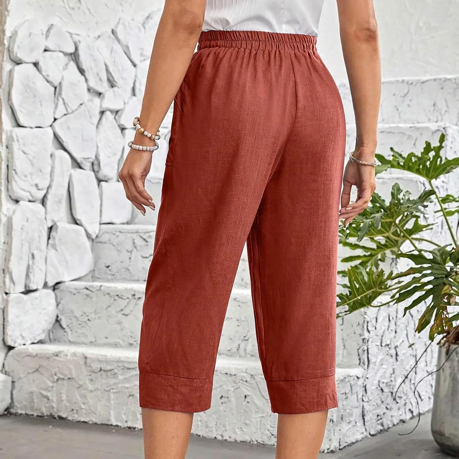 Womens Capri Linen Pants Plus Size Casual Below Knee Summer Shorts Elastic High Waist Loose Cropped Bermuda Trousers