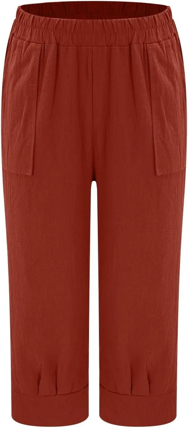 Womens Capri Linen Pants Plus Size Casual Below Knee Summer Shorts Elastic High Waist Loose Cropped Bermuda Trousers
