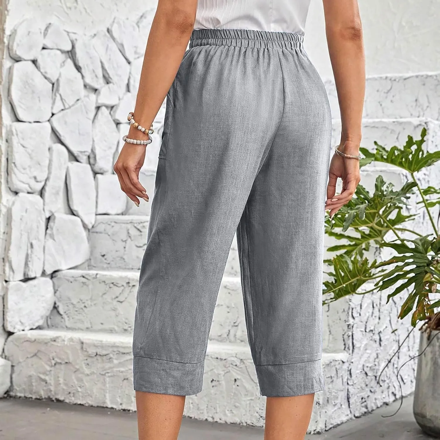 Womens Capri Linen Pants Plus Size Casual Below Knee Summer Shorts Elastic High Waist Loose Cropped Bermuda Trousers