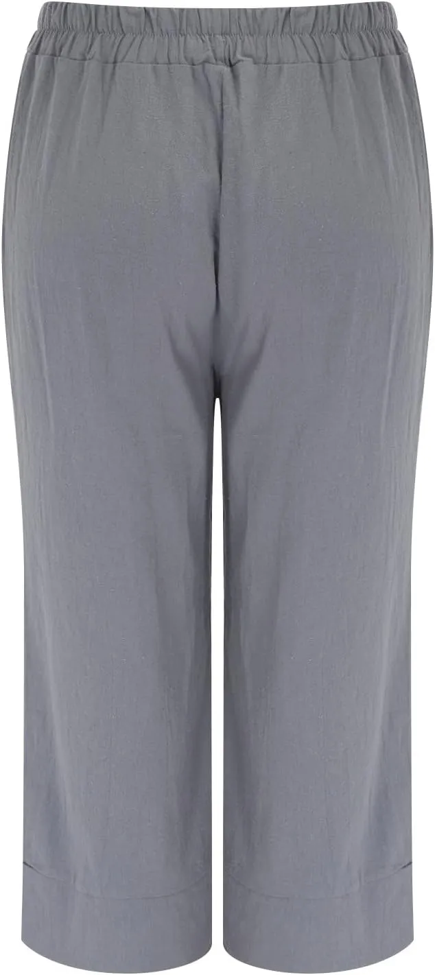 Womens Capri Linen Pants Plus Size Casual Below Knee Summer Shorts Elastic High Waist Loose Cropped Bermuda Trousers