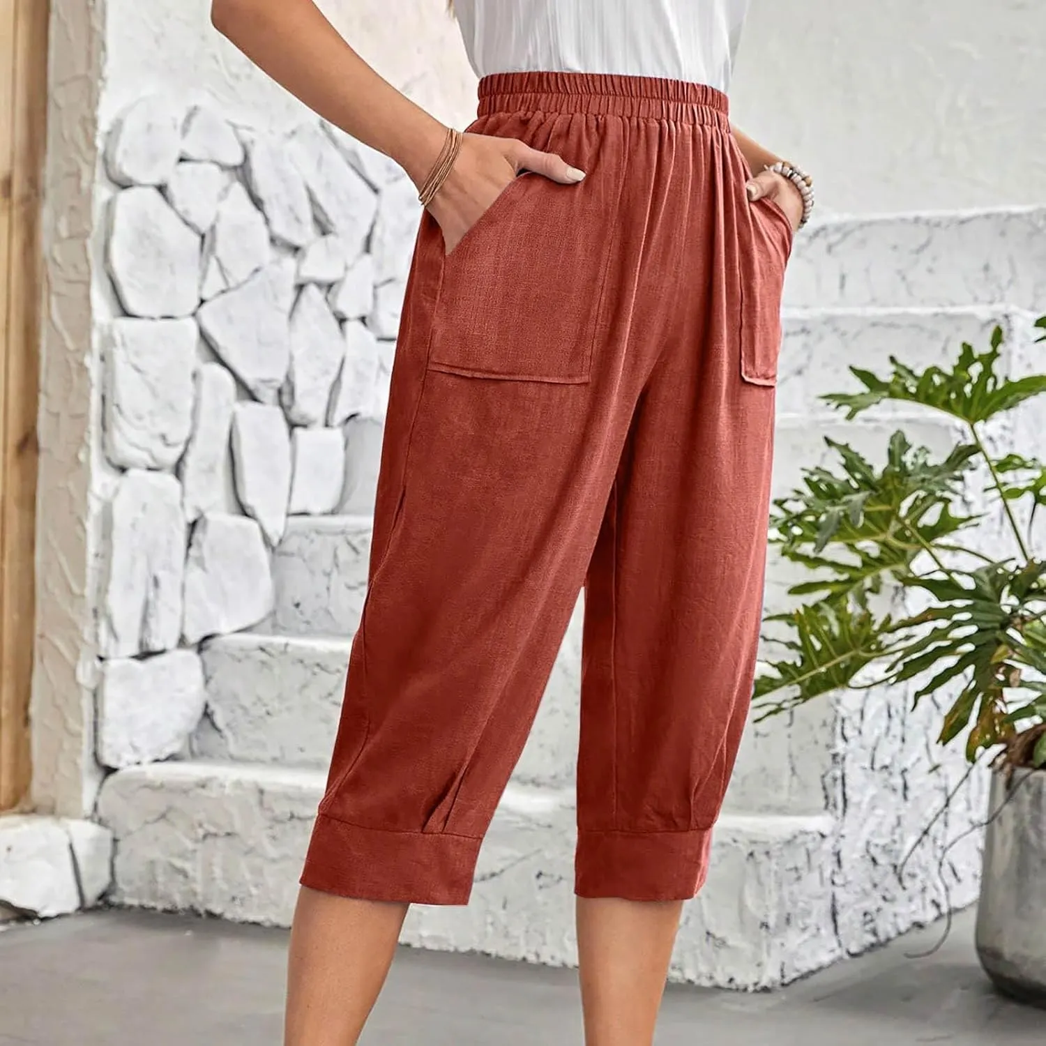 Womens Capri Linen Pants Plus Size Casual Below Knee Summer Shorts Elastic High Waist Loose Cropped Bermuda Trousers