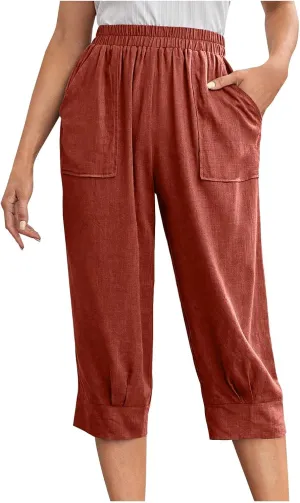 Womens Capri Linen Pants Plus Size Casual Below Knee Summer Shorts Elastic High Waist Loose Cropped Bermuda Trousers
