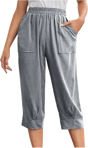 Womens Capri Linen Pants Plus Size Casual Below Knee Summer Shorts Elastic High Waist Loose Cropped Bermuda Trousers