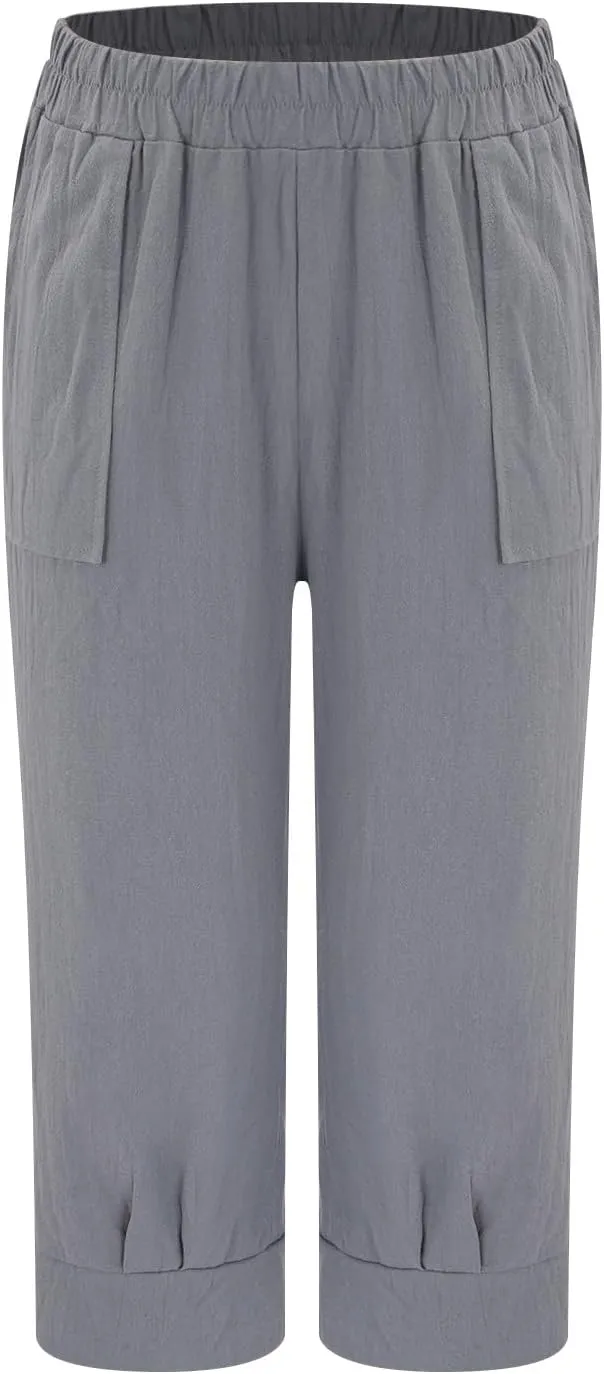 Womens Capri Linen Pants Plus Size Casual Below Knee Summer Shorts Elastic High Waist Loose Cropped Bermuda Trousers