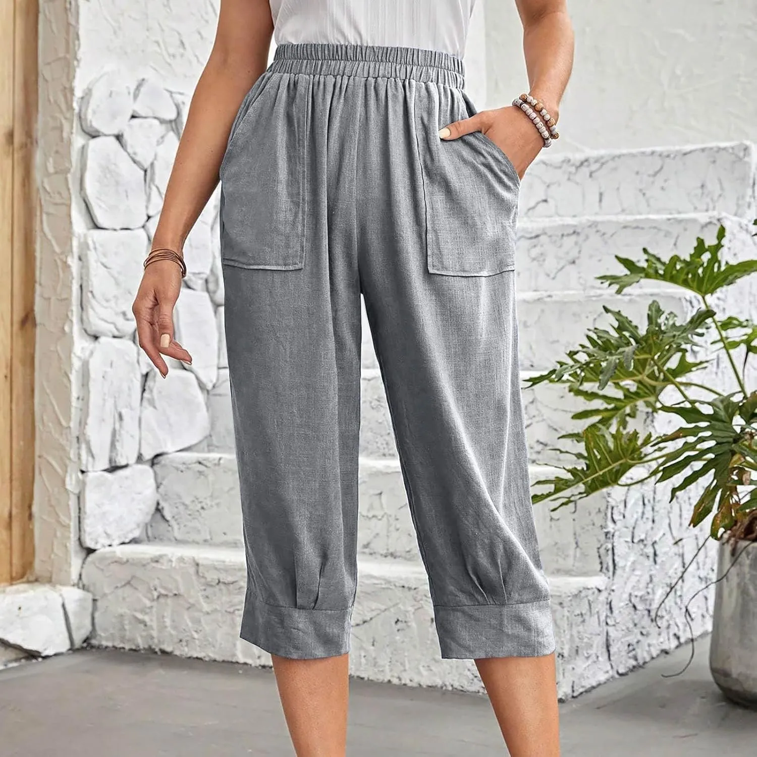 Womens Capri Linen Pants Plus Size Casual Below Knee Summer Shorts Elastic High Waist Loose Cropped Bermuda Trousers