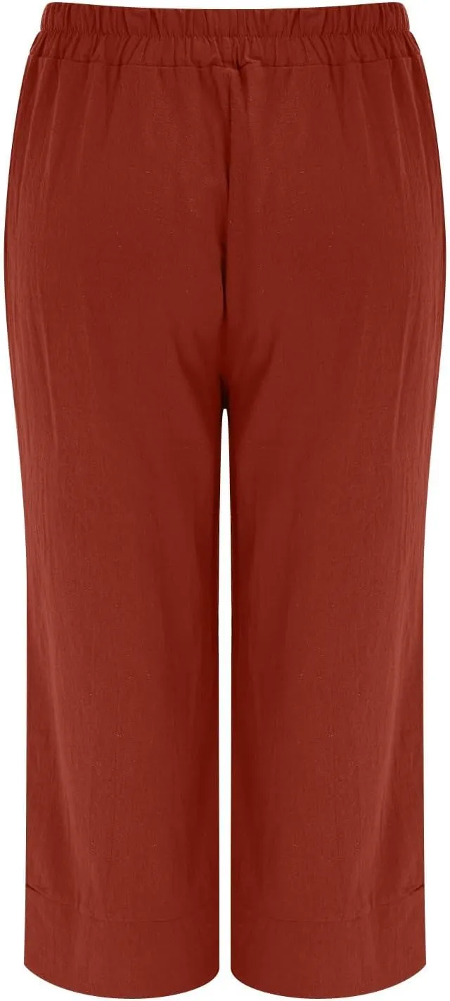 Womens Capri Linen Pants Plus Size Casual Below Knee Summer Shorts Elastic High Waist Loose Cropped Bermuda Trousers