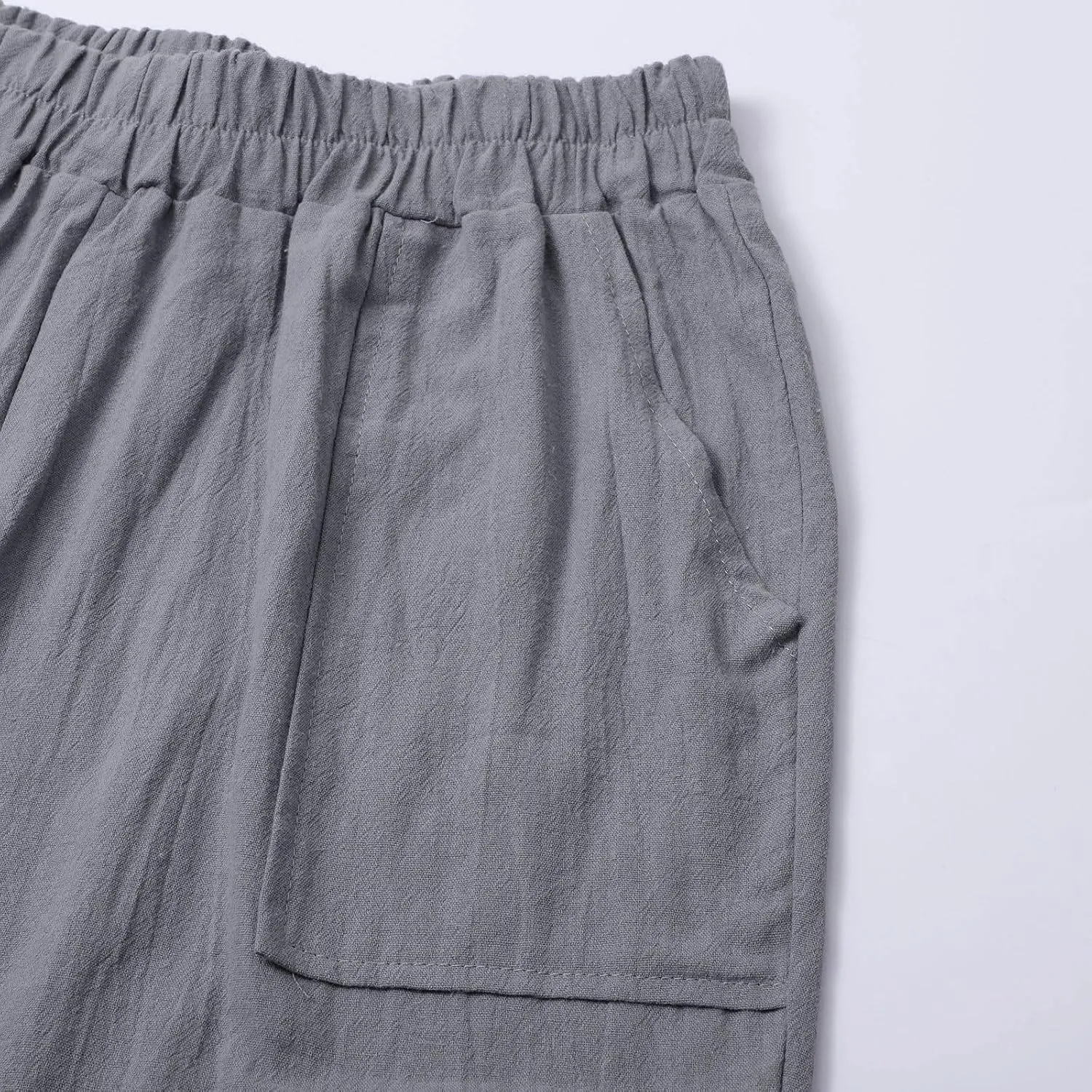 Womens Capri Linen Pants Plus Size Casual Below Knee Summer Shorts Elastic High Waist Loose Cropped Bermuda Trousers