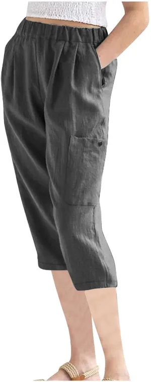 Womens Capri Pants Dressy Casual 2024 Trendy Elastic Waist Straight Leg Capris Beach Vacation Cropped Trousers