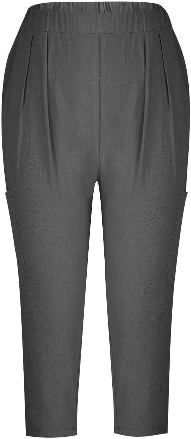 Womens Capri Pants Dressy Casual 2024 Trendy Elastic Waist Straight Leg Capris Beach Vacation Cropped Trousers