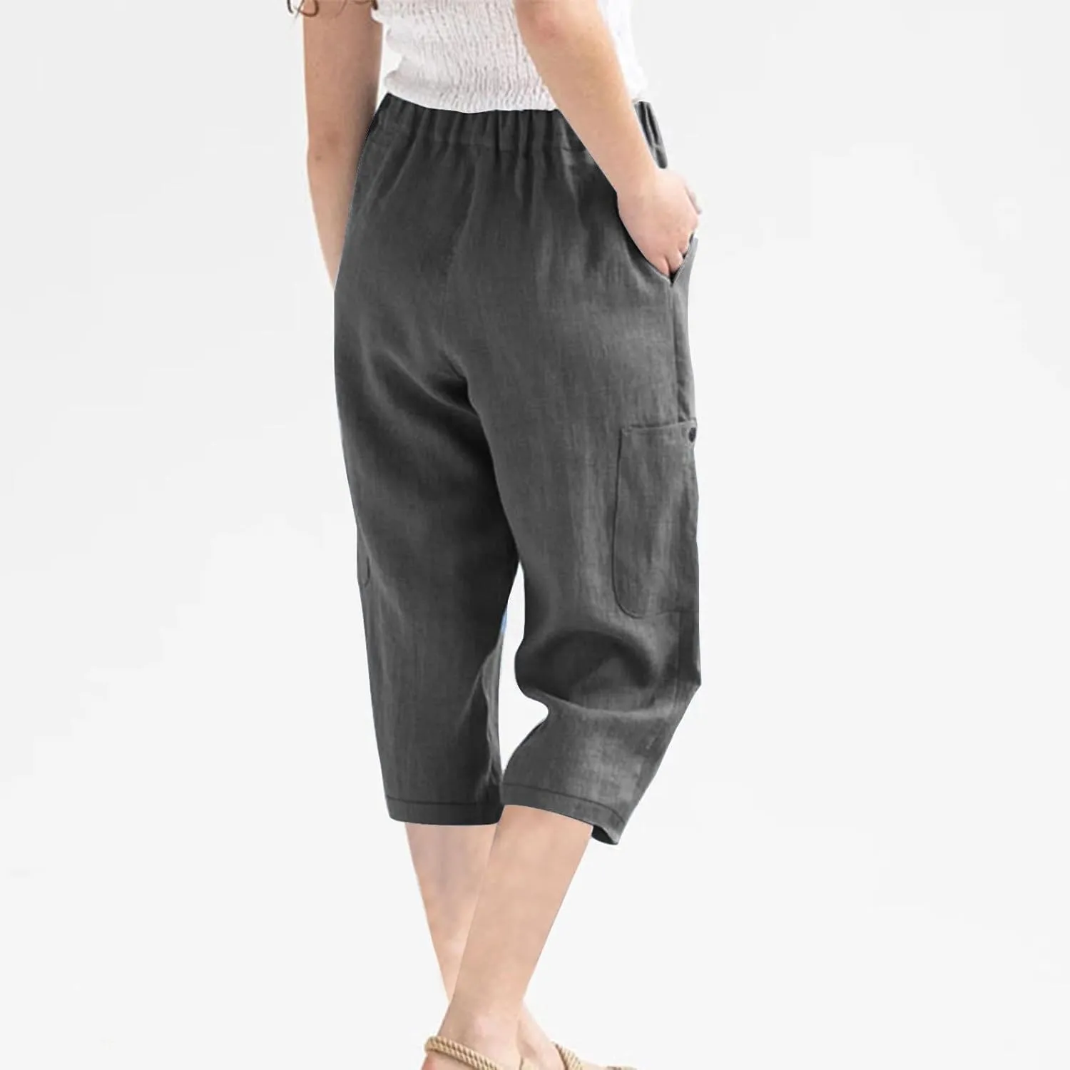 Womens Capri Pants Dressy Casual 2024 Trendy Elastic Waist Straight Leg Capris Beach Vacation Cropped Trousers