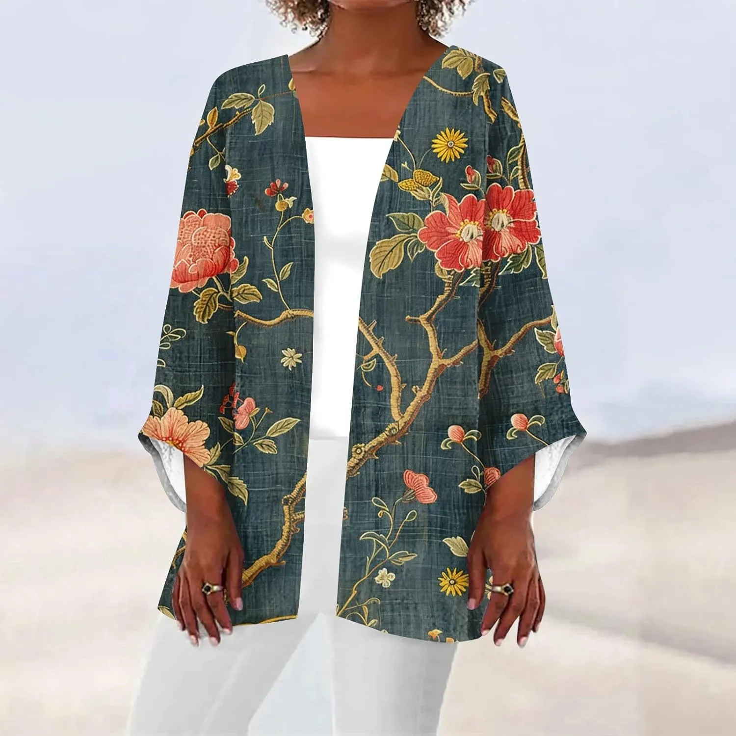 Womens Cardigans Dressy Casual 3/4 Sleeve Floral Printed Tops Plus Size Summer Lightweight Cardigan