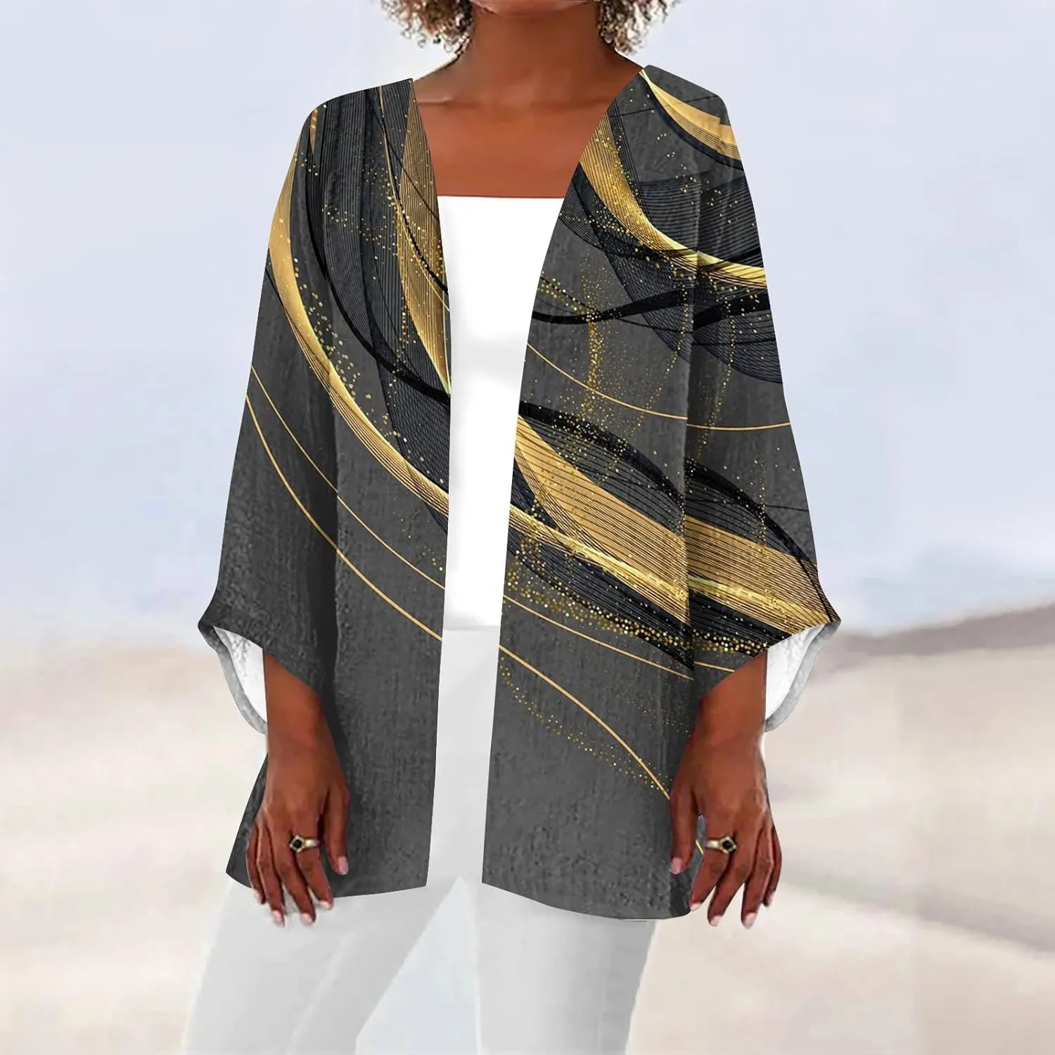 Womens Cardigans Dressy Casual 3/4 Sleeve Floral Printed Tops Plus Size Summer Lightweight Cardigan