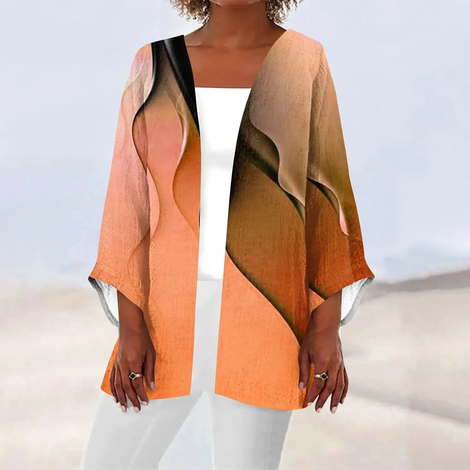 Womens Cardigans Dressy Casual 3/4 Sleeve Floral Printed Tops Plus Size Summer Lightweight Cardigan