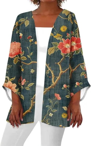 Womens Cardigans Dressy Casual 3/4 Sleeve Floral Printed Tops Plus Size Summer Lightweight Cardigan